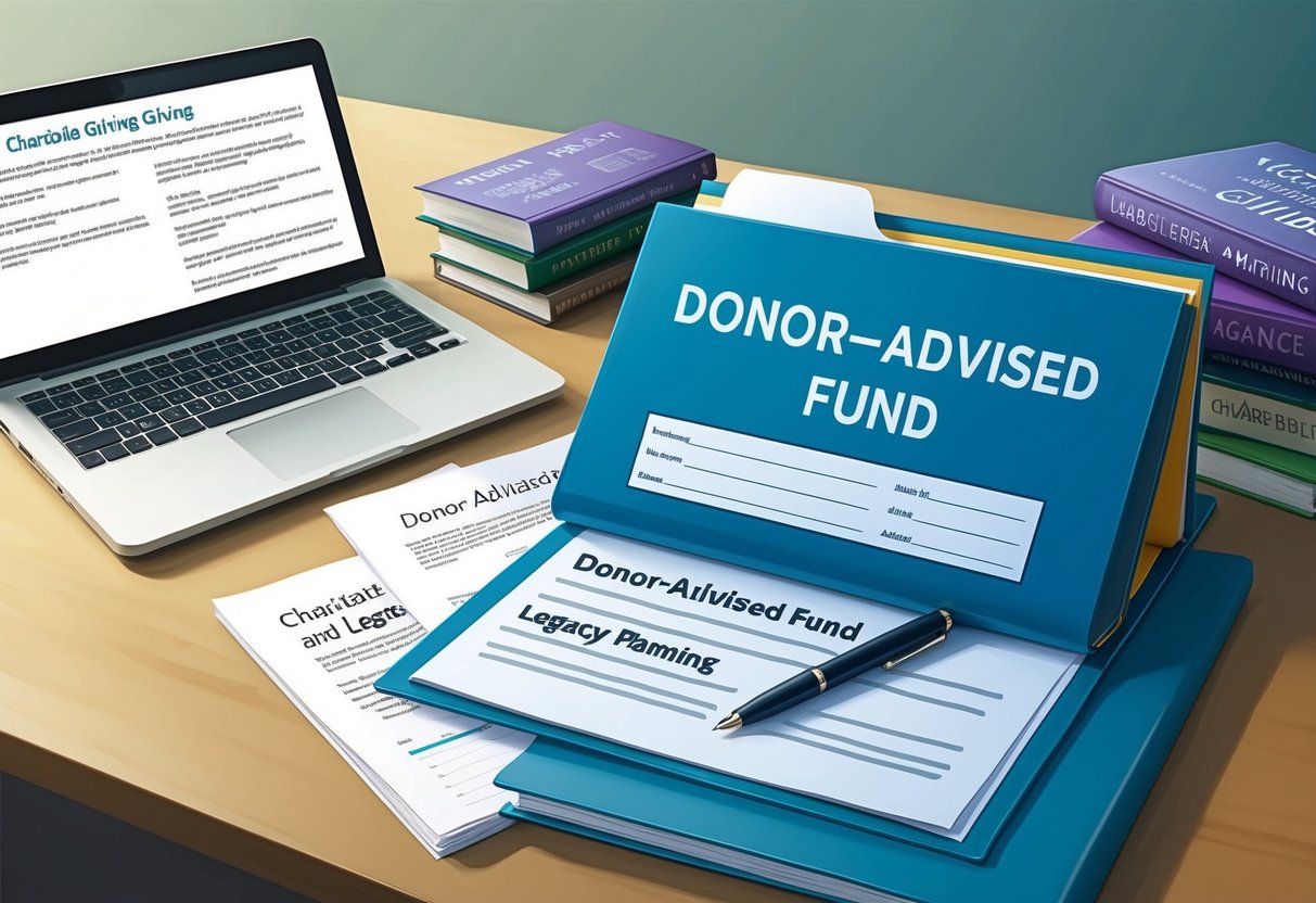 A desk with a laptop, financial documents, and a pen. A folder labeled "Donor-Advised Fund" sits open, surrounded by books on charitable giving and legacy planning