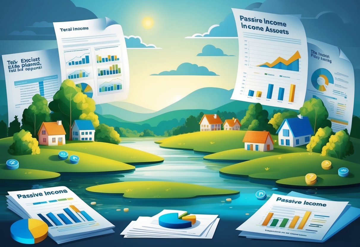 A serene landscape with a variety of passive income assets such as rental properties, stocks, and bonds, surrounded by tax-efficient estate planning documents and financial charts