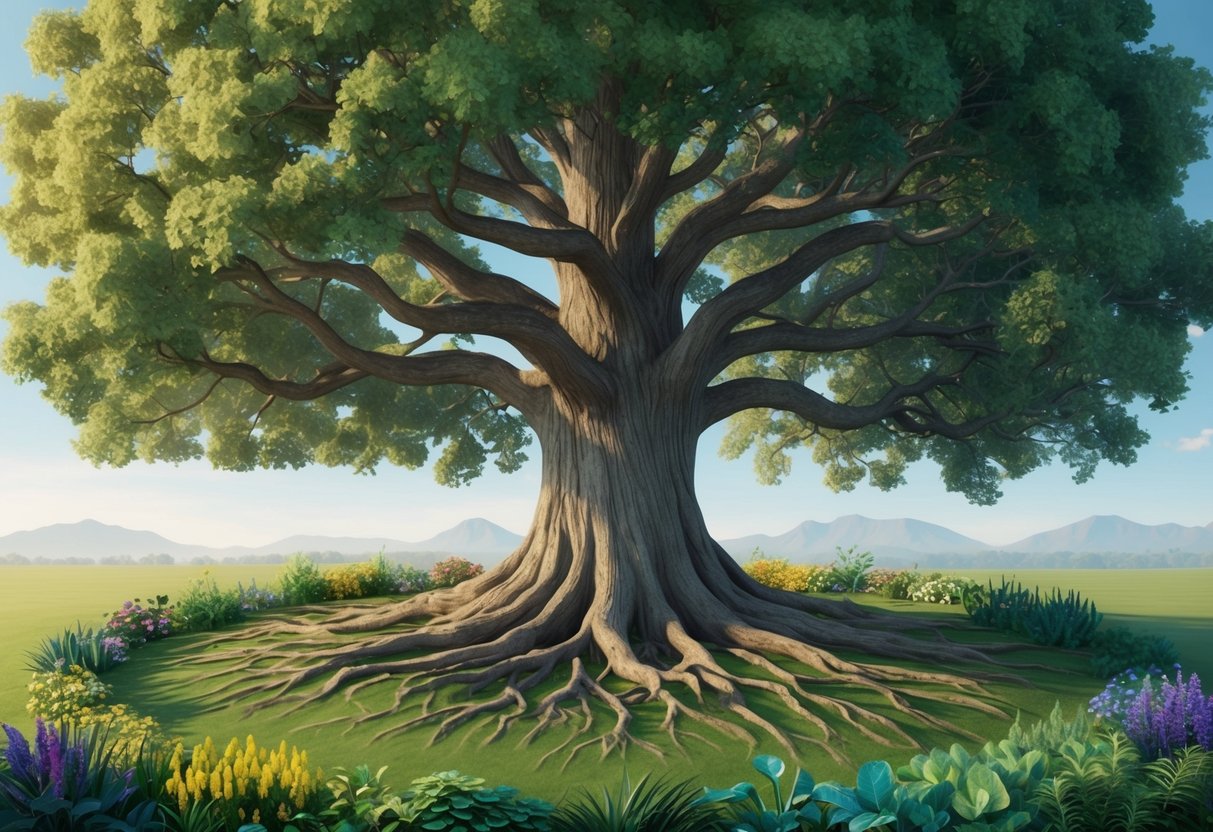 A grand oak tree with roots spreading wide, surrounded by a circle of diverse, flourishing plants, symbolizing growth and opportunity