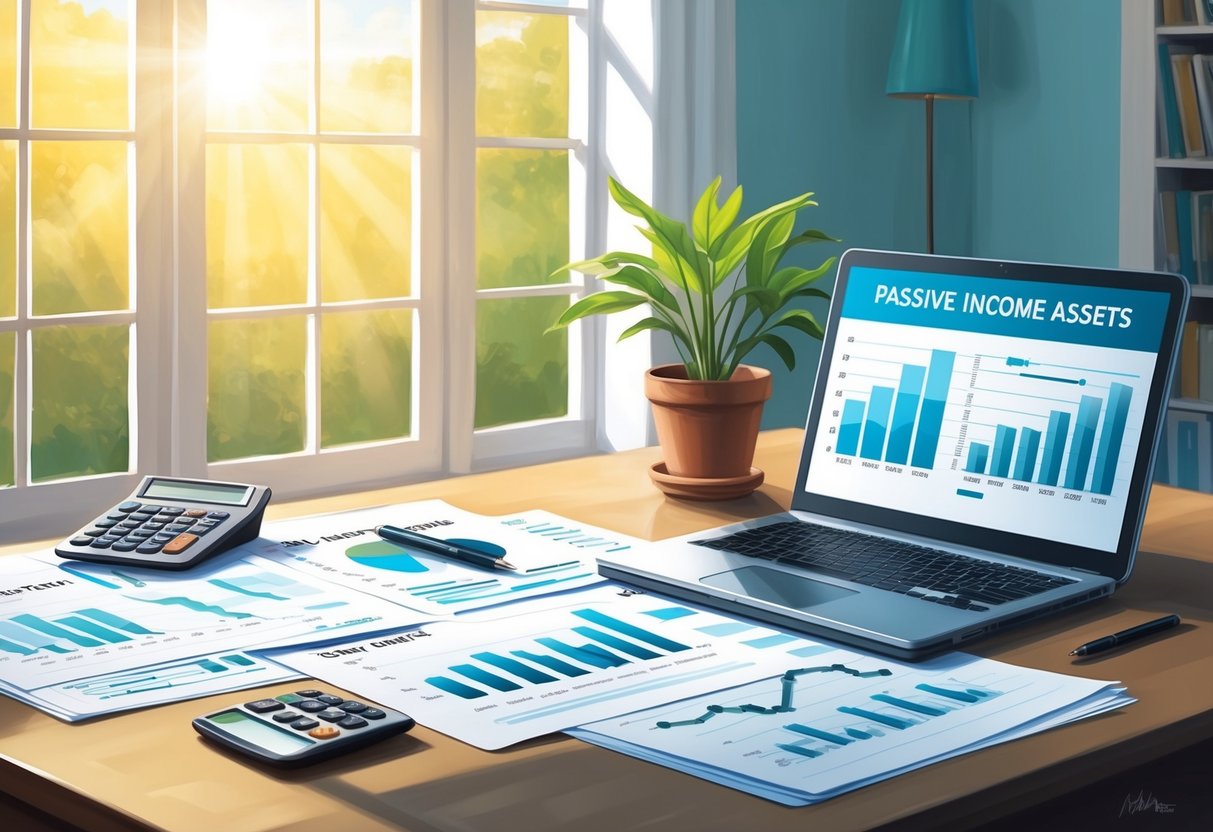 A serene, sunlit room with a desk covered in financial documents and charts. A calculator and pen sit nearby, while a laptop displays graphs of passive income assets