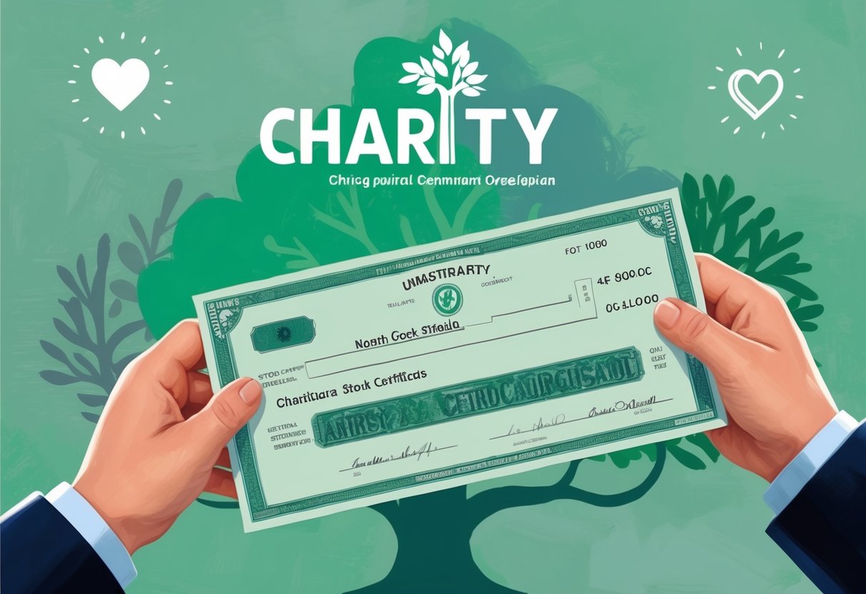 A hand holding a stock certificate with a charity logo in the background, surrounded by symbols of giving such as a heart and a tree