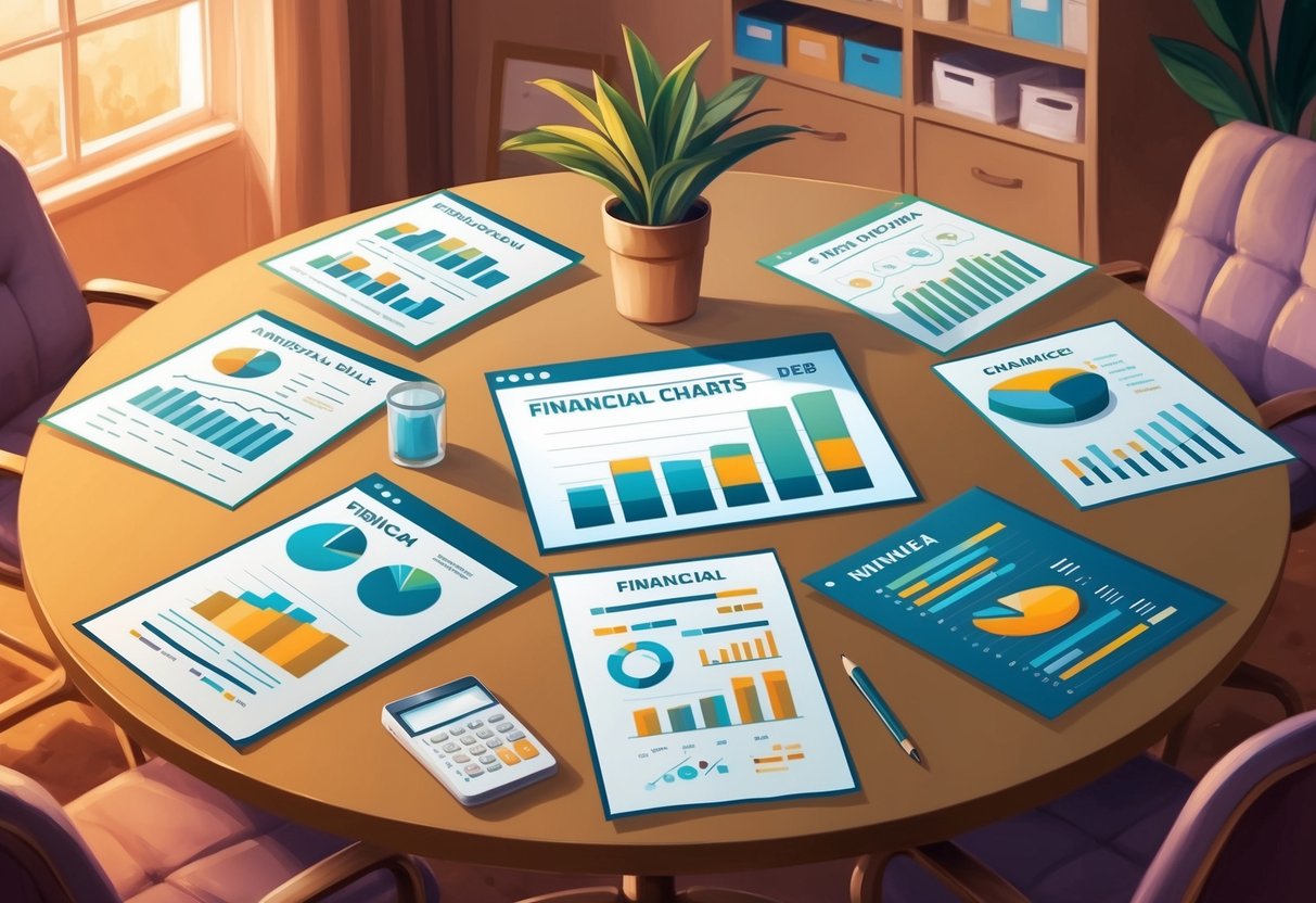 A table with financial documents, charts, and graphs surrounded by a cozy office setting with a warm color palette