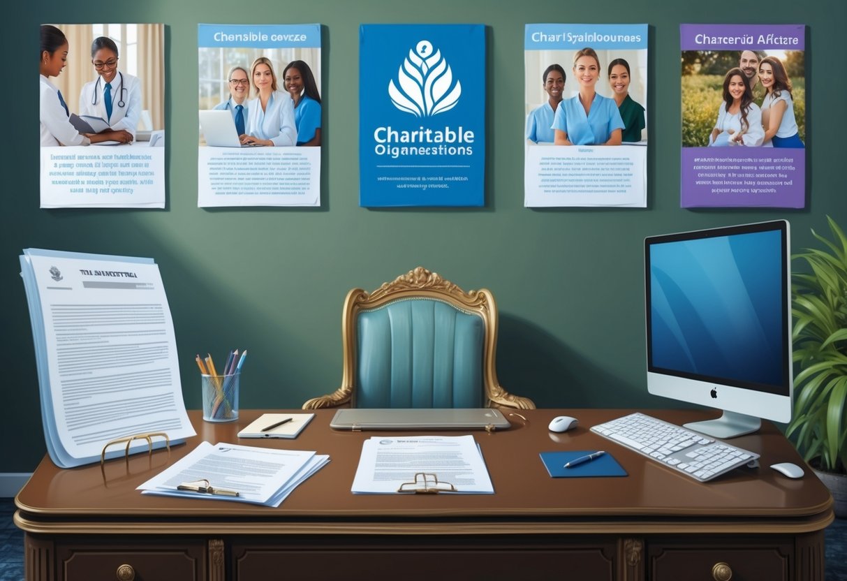 A serene and elegant office desk with legal documents, a pen, and a computer, surrounded by images of charitable causes and organizations