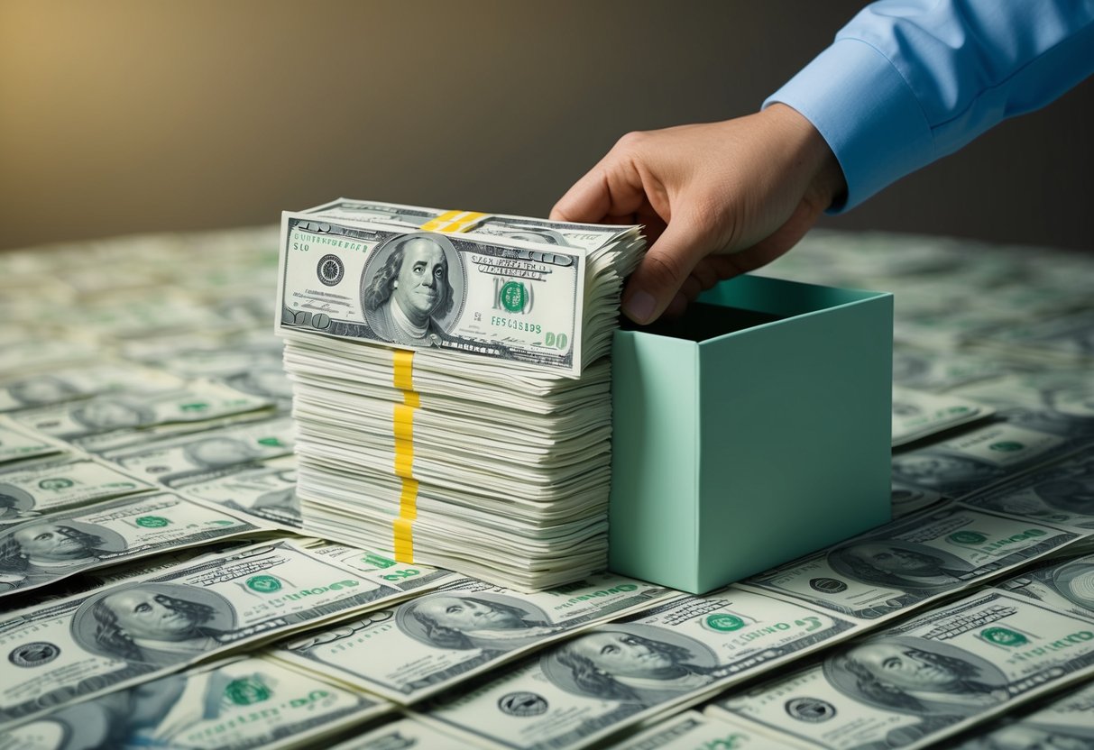 A stack of dollar bills with a portion being separated and placed into a donation box