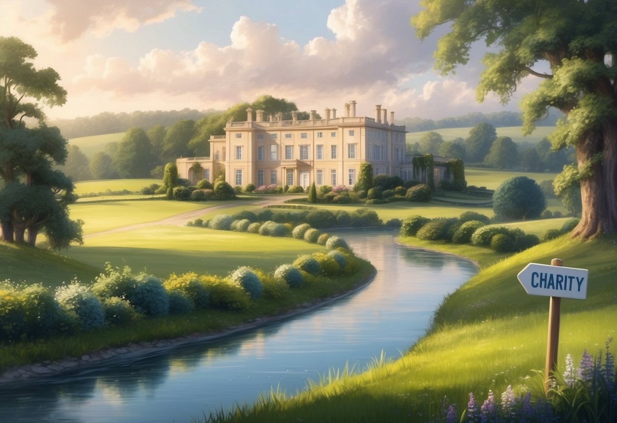 A serene countryside landscape with a grand estate in the background, surrounded by lush gardens and a winding river, with a signpost pointing towards a charity