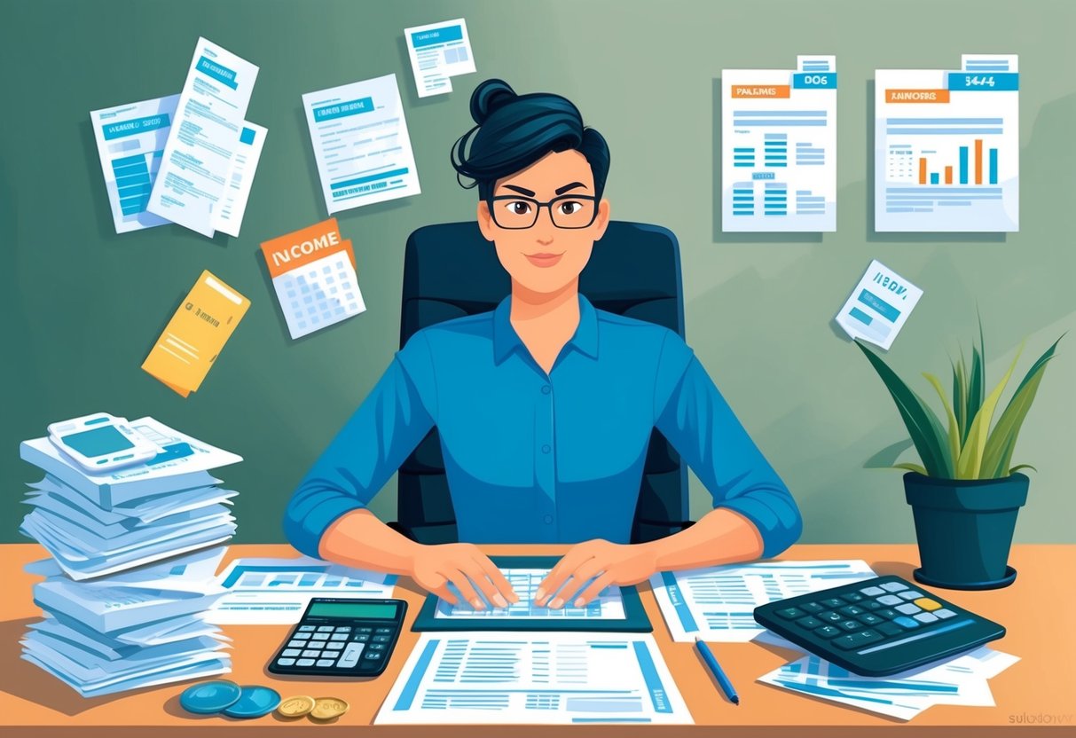 A freelancer sitting at a desk, surrounded by tax forms, calculator, and financial documents. They are transitioning from active to passive income models
