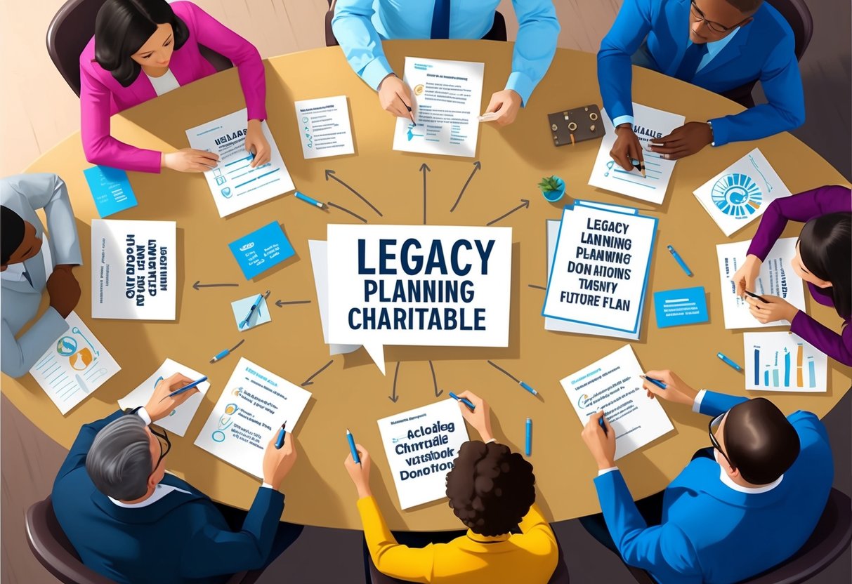A family sitting around a table, discussing legacy planning and charitable giving. Papers and pens are scattered, as they brainstorm ideas for including charitable donations in their future plans