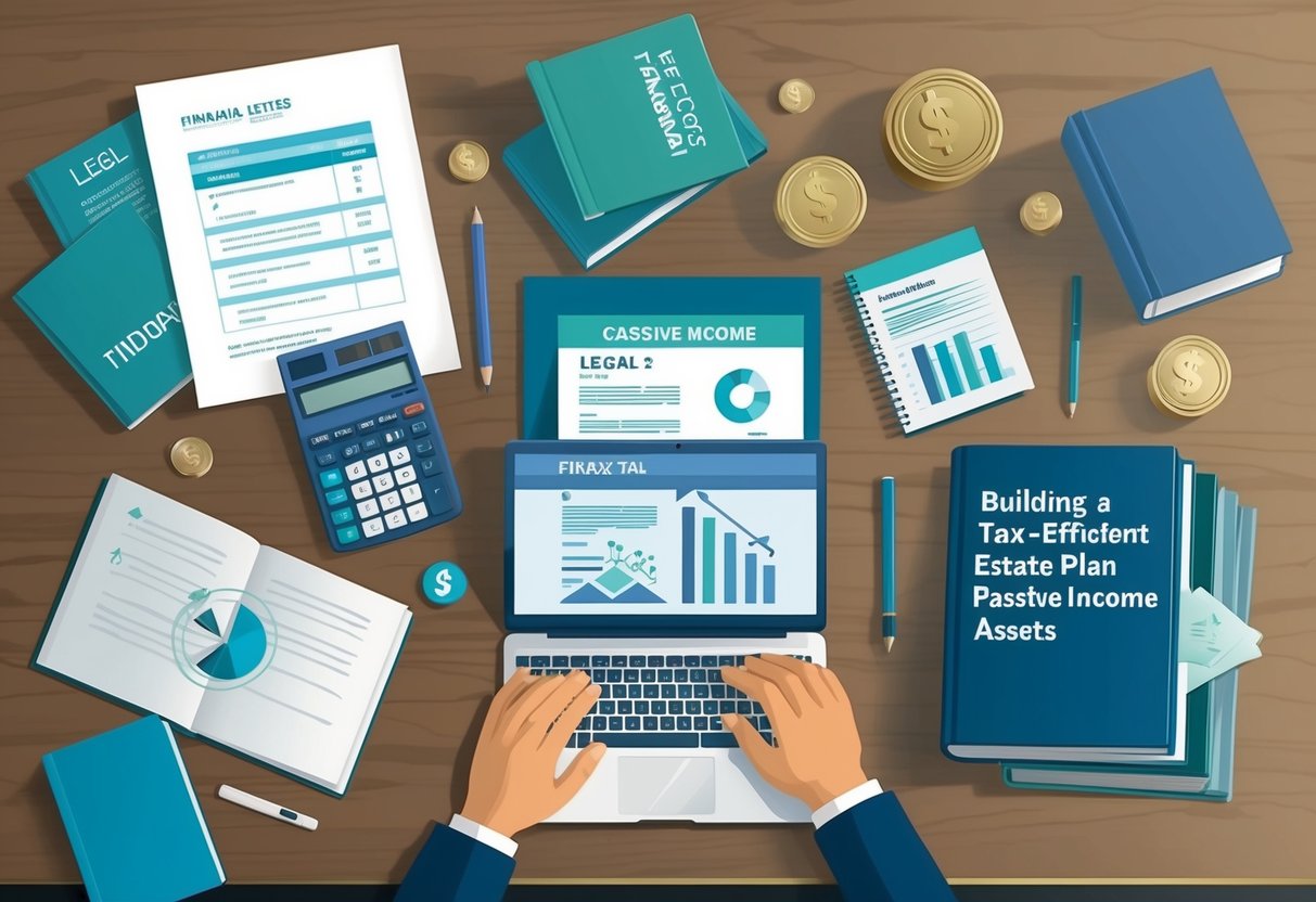 A desk with financial documents, a calculator, and a laptop surrounded by legal and fiduciary books, symbolizing the process of building a tax-efficient estate plan for passive income assets