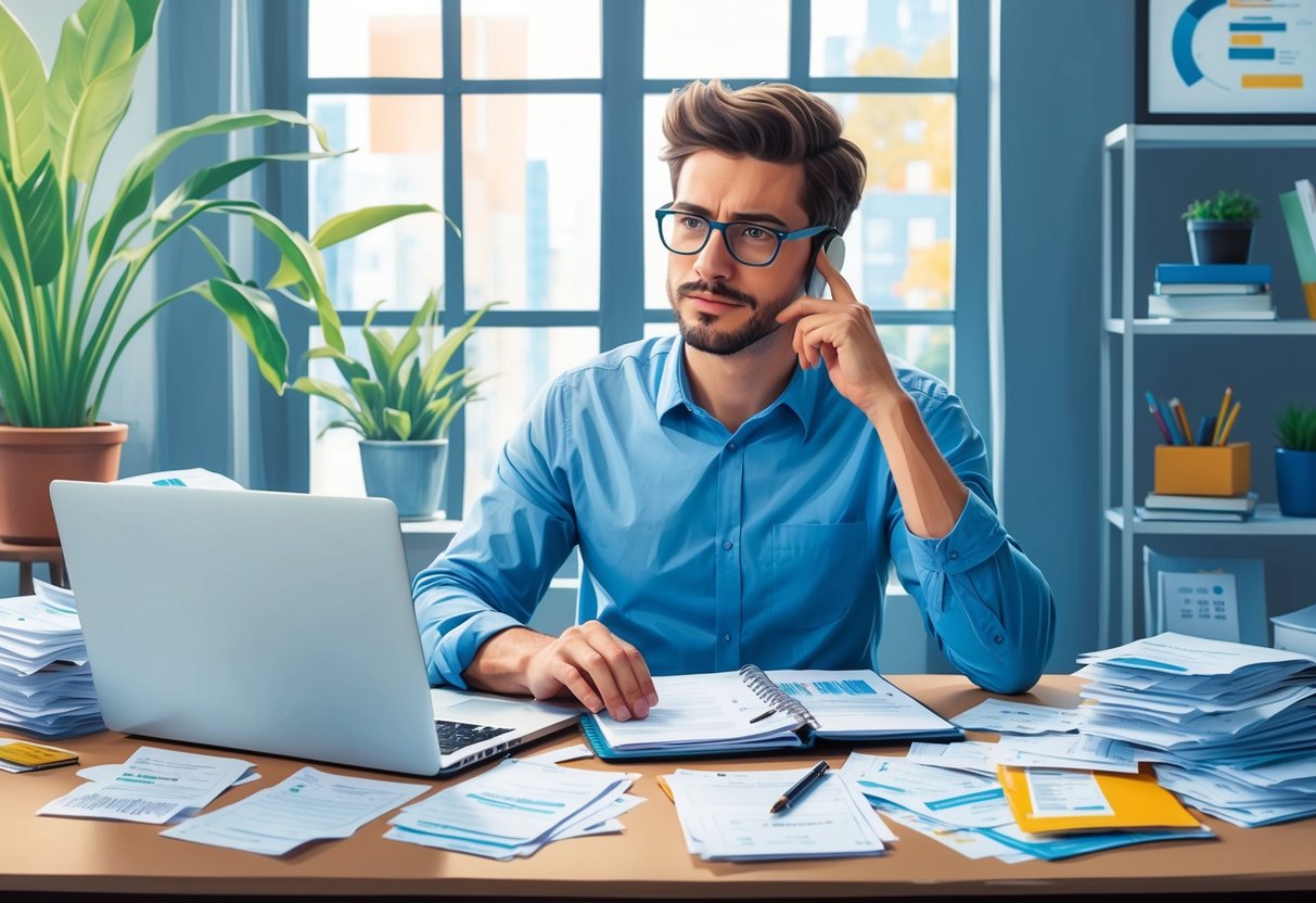 A freelancer at a desk surrounded by receipts, a laptop, and financial documents, with a thoughtful expression while planning tax deductions and credits