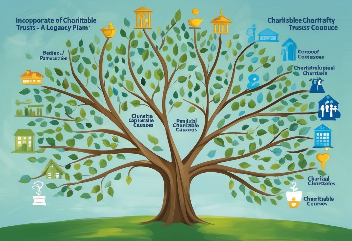 A family tree with branches leading to various charitable causes, symbolizing the incorporation of charitable trusts into a legacy plan
