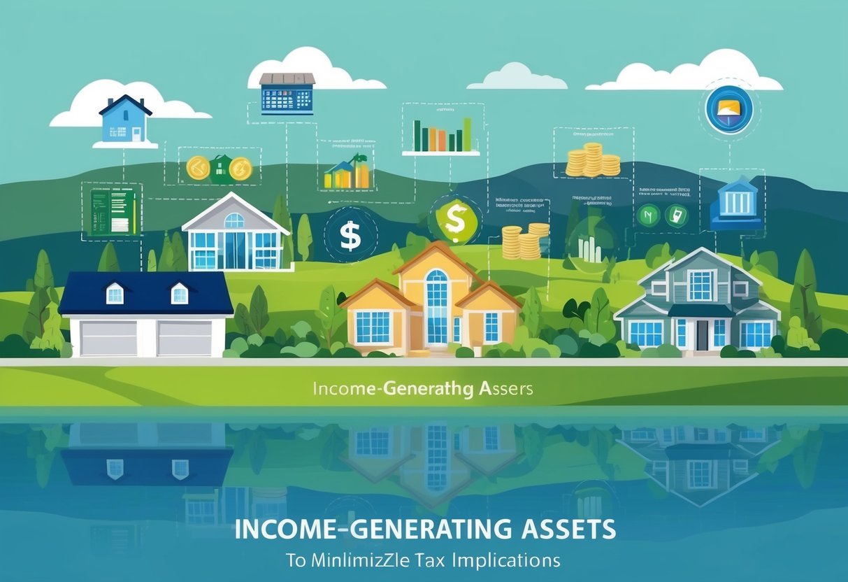 A serene landscape with a variety of income-generating assets such as real estate properties, stocks, and bonds, all strategically organized to minimize tax implications