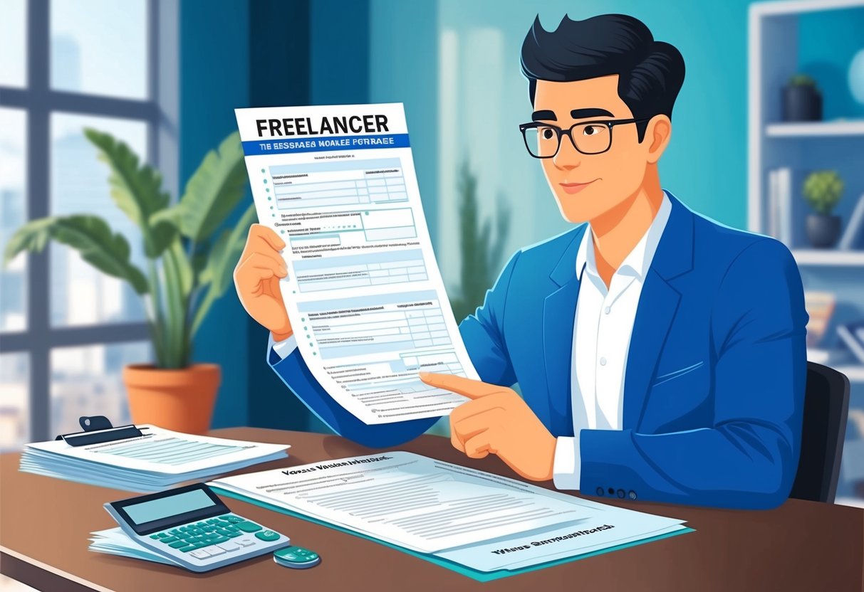 A freelancer reviewing tax forms while considering different business structures and passive income models