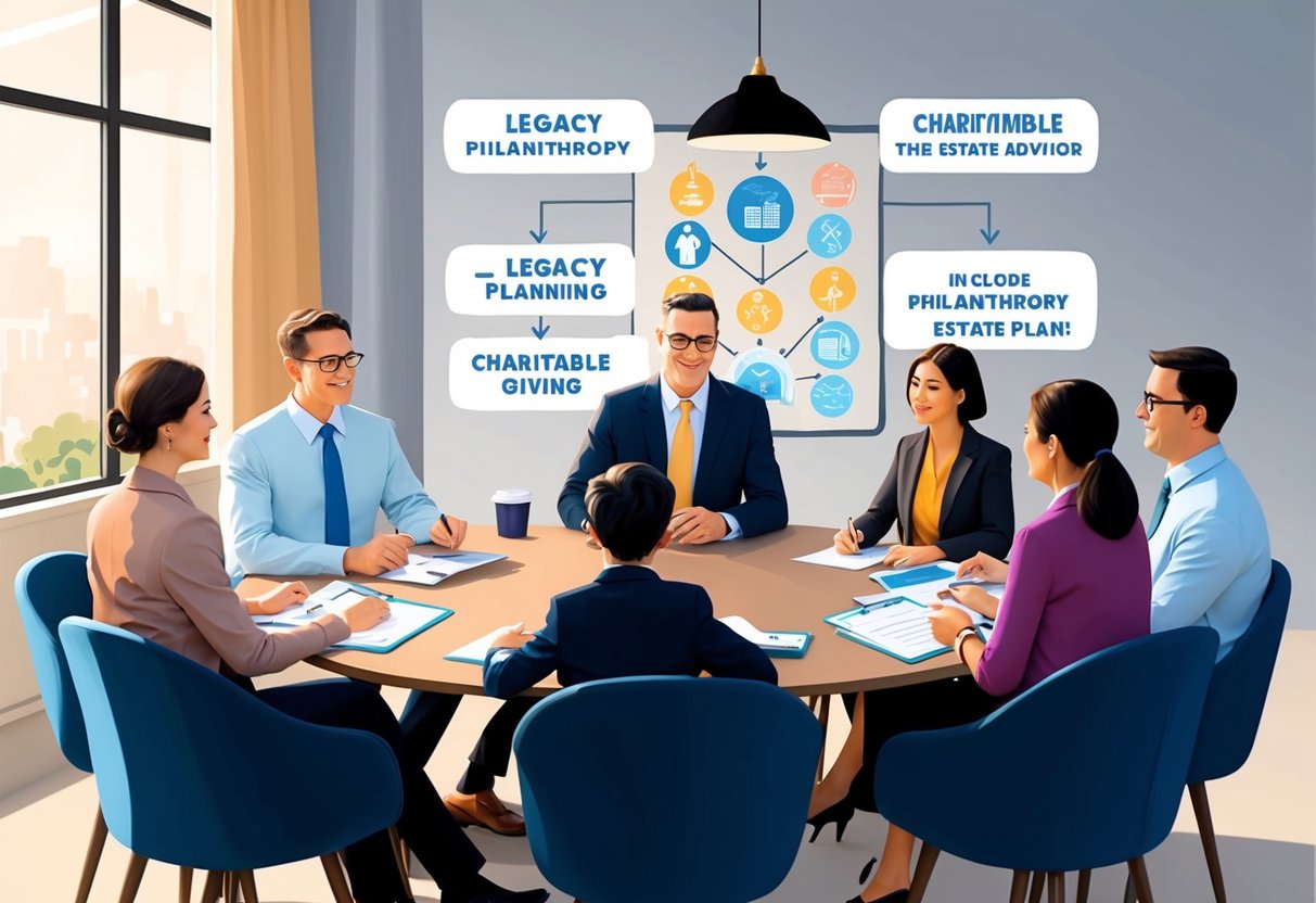 A family sitting around a table with a financial advisor, discussing legacy planning and charitable giving options. The advisor is presenting various ways to include philanthropy in their estate plan