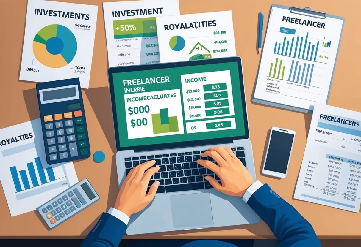 A freelancer at a desk, calculating income from various sources, including investments and royalties. Papers and a laptop are spread out, with a calculator and financial documents nearby