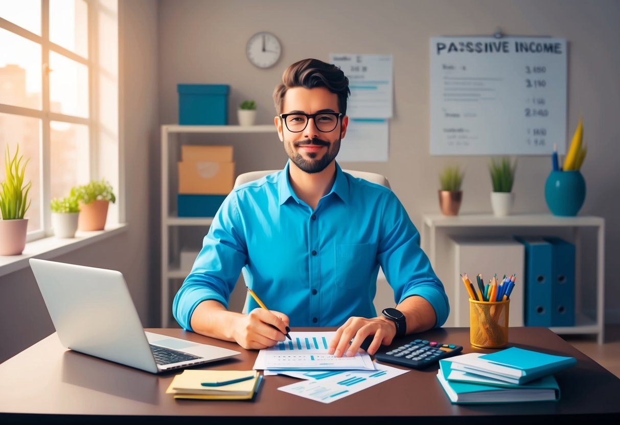 A freelancer at a desk, calculating taxes and transitioning to passive income