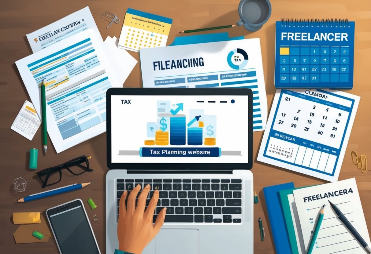 A freelancer's desk cluttered with financial documents, a laptop open to a tax planning website, and a calendar marked with important deadlines