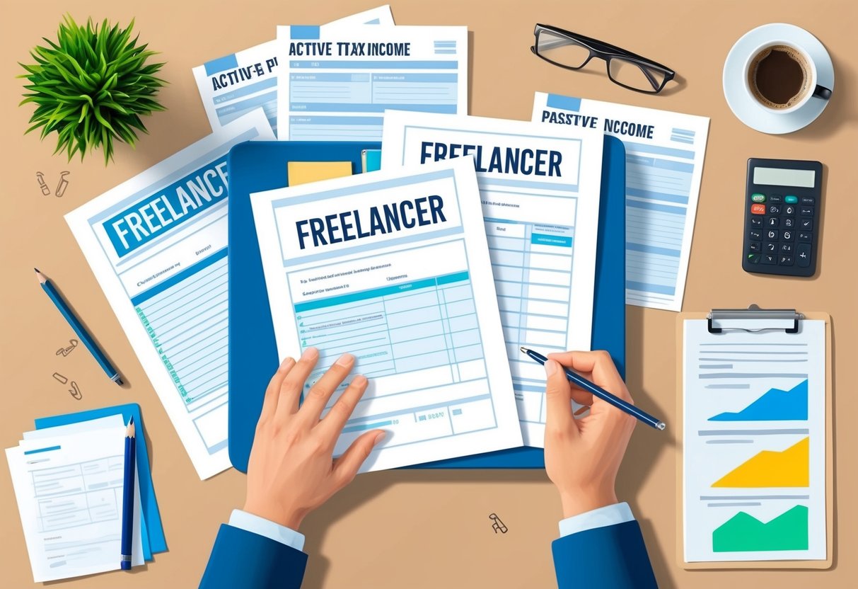 A freelancer organizing tax documents with a transition from active to passive income in mind