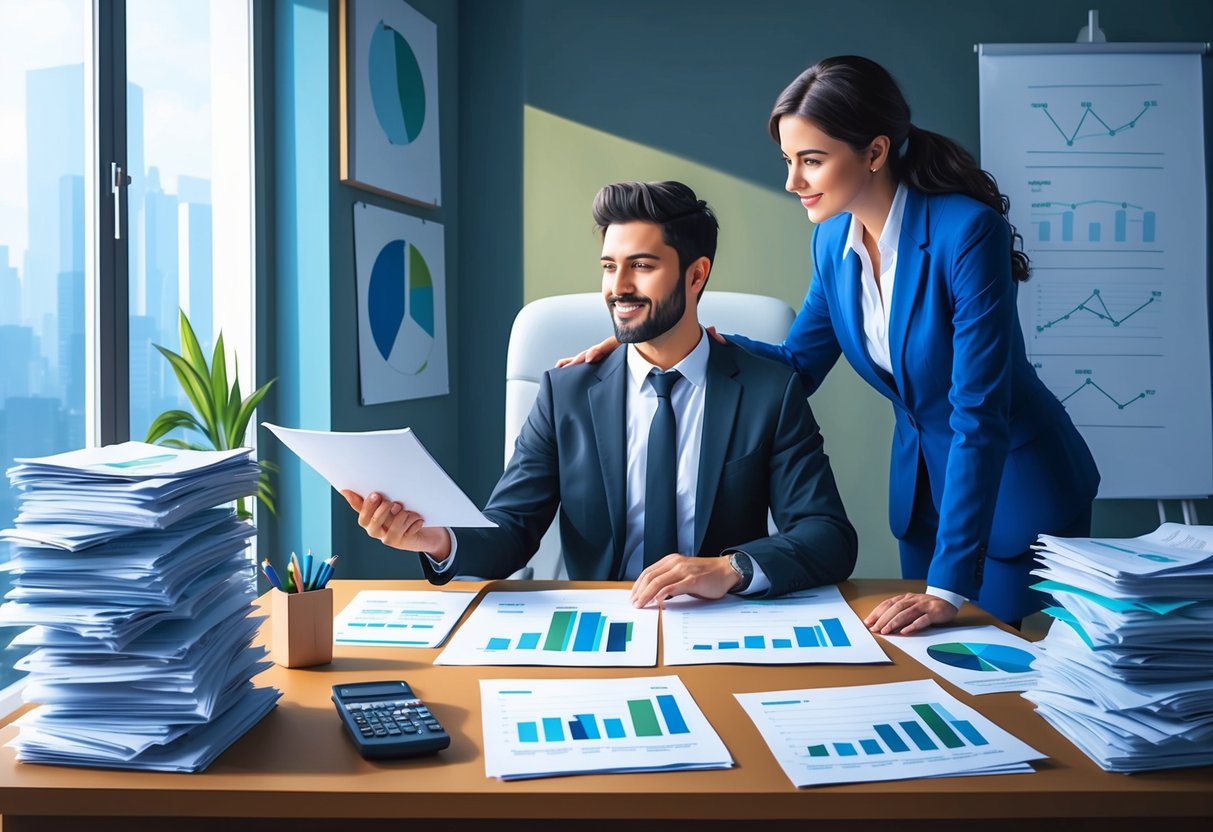 A freelancer sitting at a desk, surrounded by financial documents and charts, receiving guidance from a professional advisor