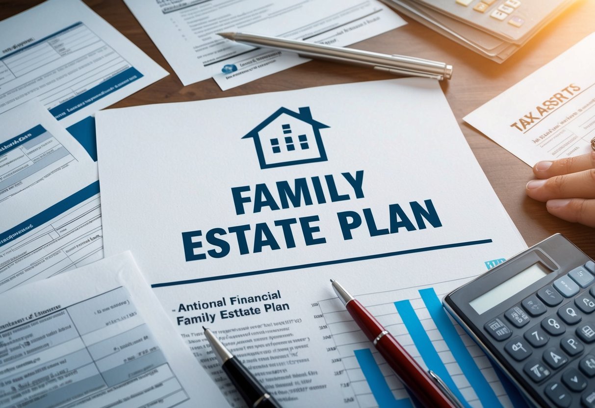 A family estate plan surrounded by tax documents and financial assets