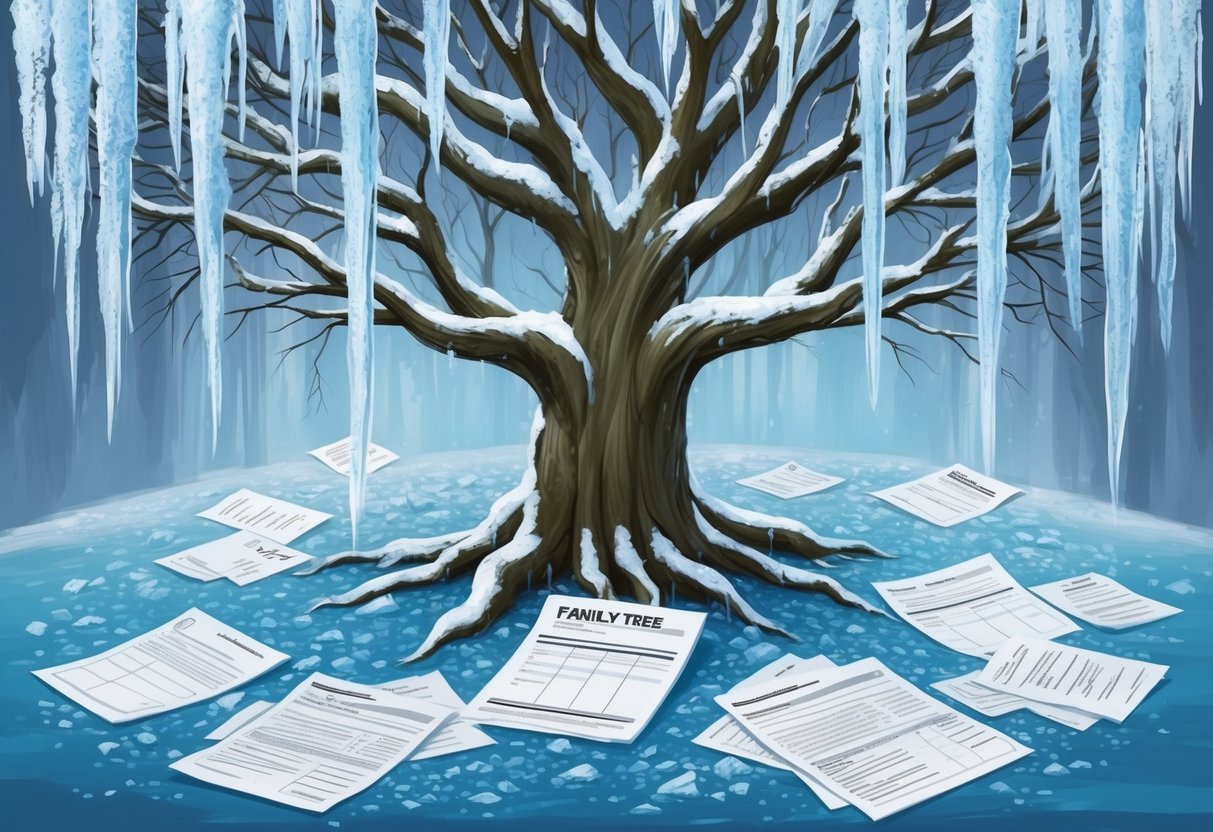 A family tree surrounded by icy tendrils, with tax documents scattered around, symbolizing the impact of taxes on estate planning