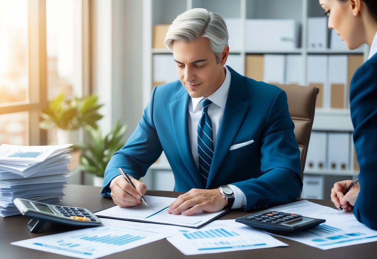 A wealthy individual signing legal documents with a lawyer, surrounded by financial documents and a calculator
