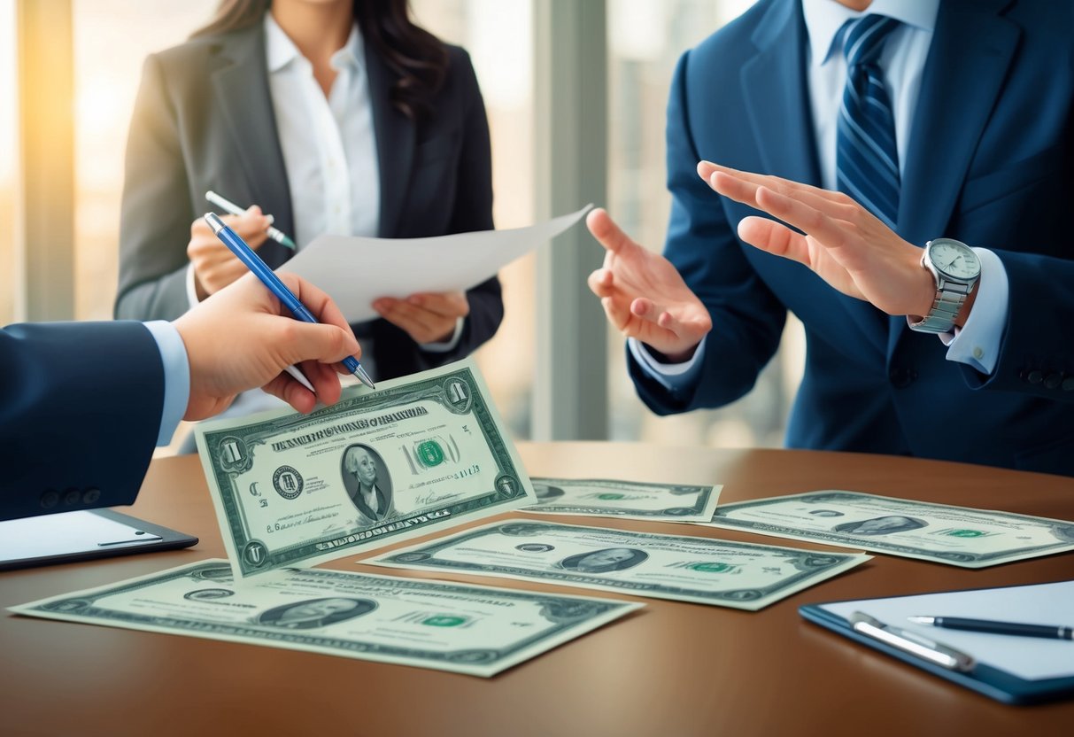 A hand signing over stock certificates to a charitable organization, with a financial advisor and lawyer discussing tax benefits in the background