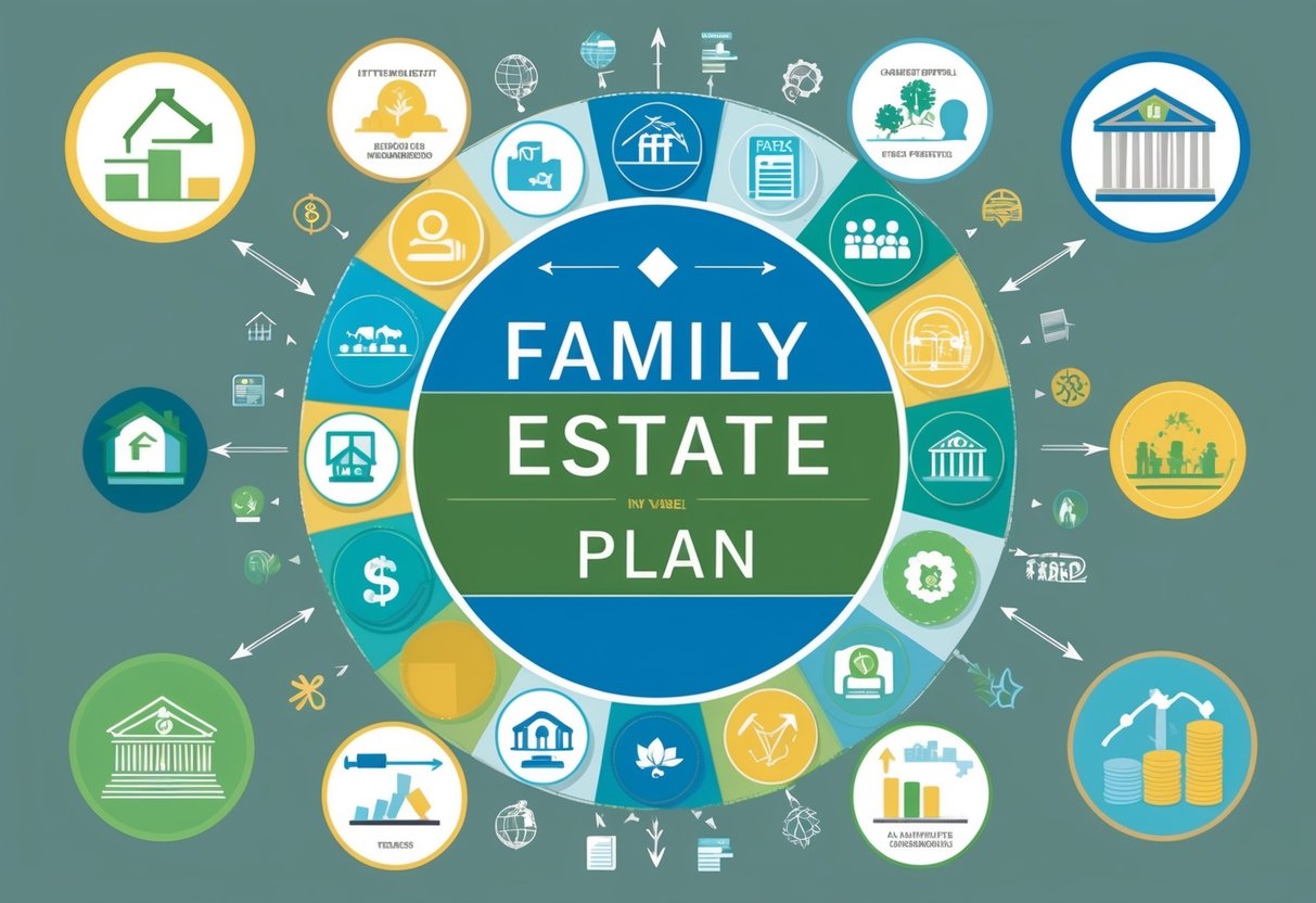 A family estate plan surrounded by various tax-related symbols and icons, with arrows pointing to 8 different benefits provided by a charitable trust