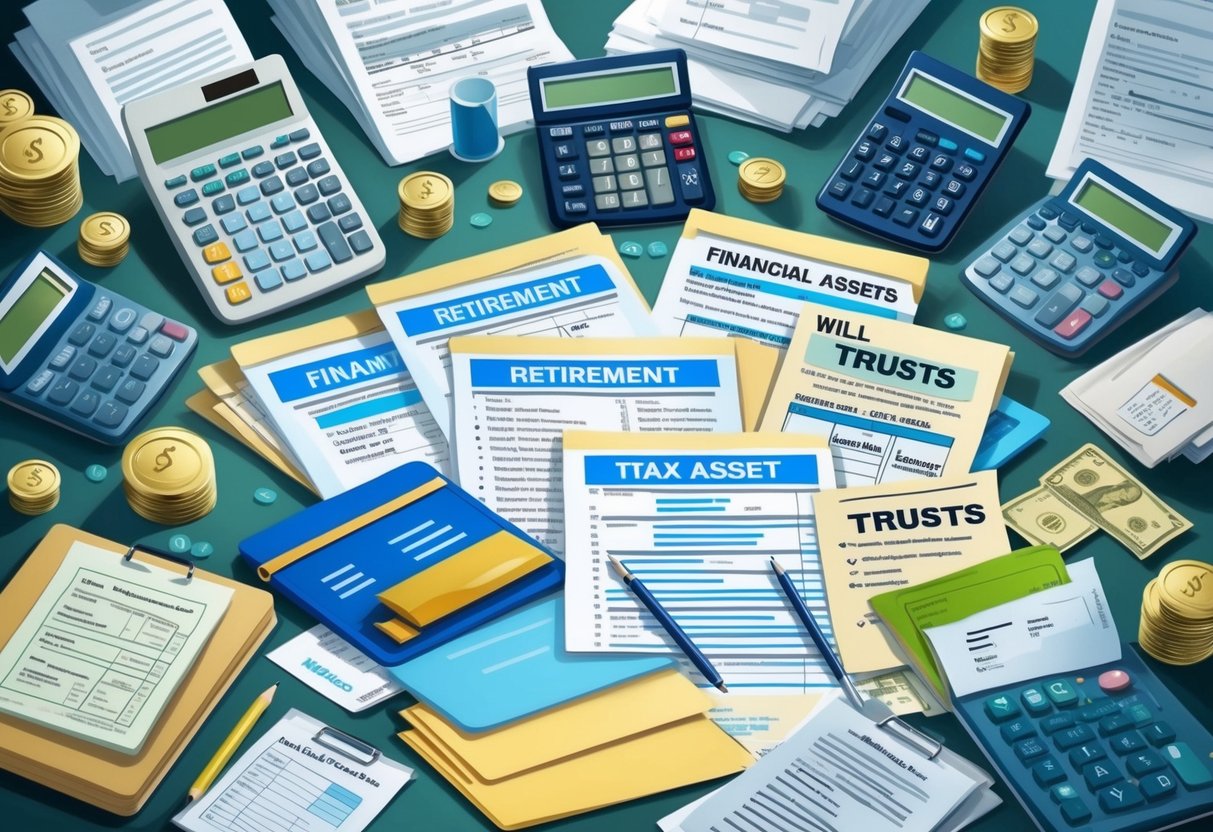 A diverse array of financial assets and documents, including retirement accounts, wills, and trusts, are surrounded by looming tax forms and calculators