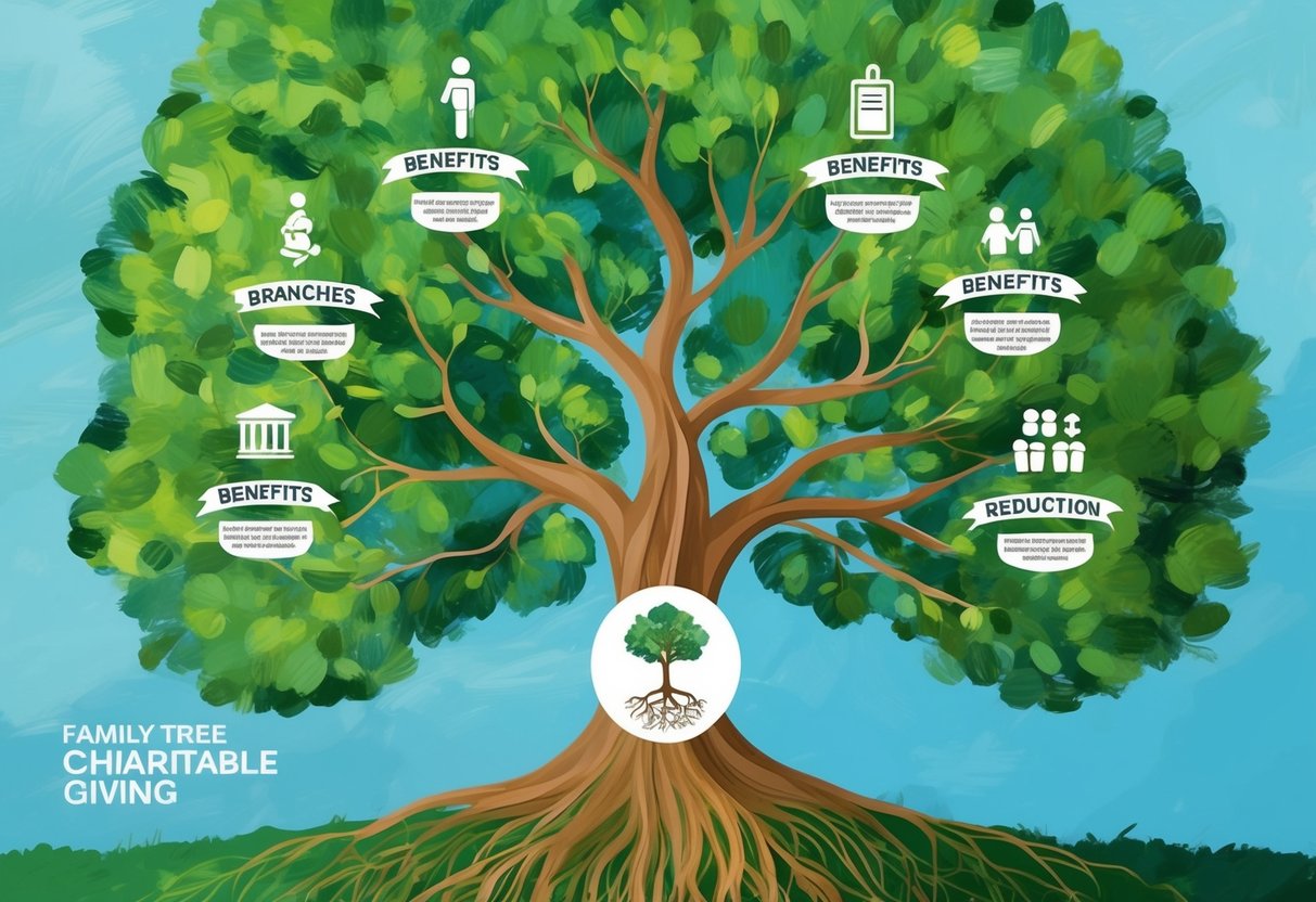 A family tree with roots representing charitable giving and branches depicting tax reduction benefits