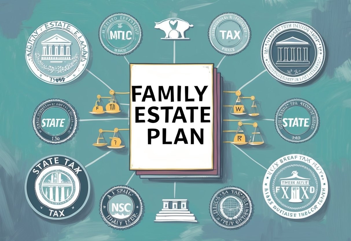 A family estate plan surrounded by eight different state tax symbols