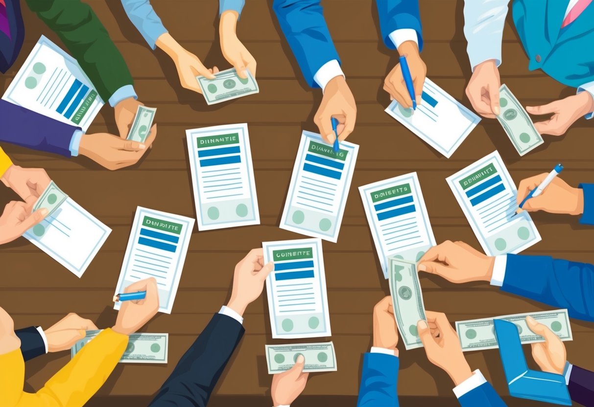 A group of people writing checks and donating money to various charitable organizations, with a focus on tax benefits and estate planning