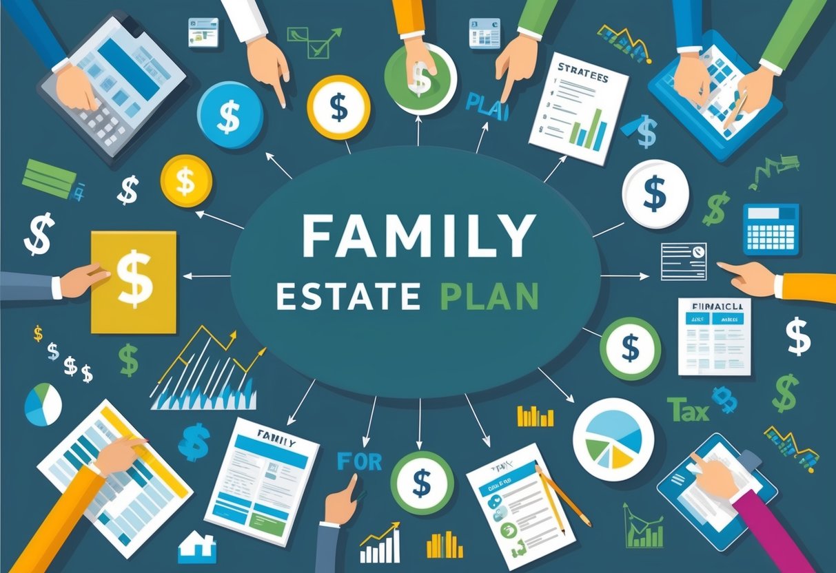 A family estate plan surrounded by various tax-related symbols and images, such as dollar signs, tax forms, and financial graphs, with arrows pointing to different strategies