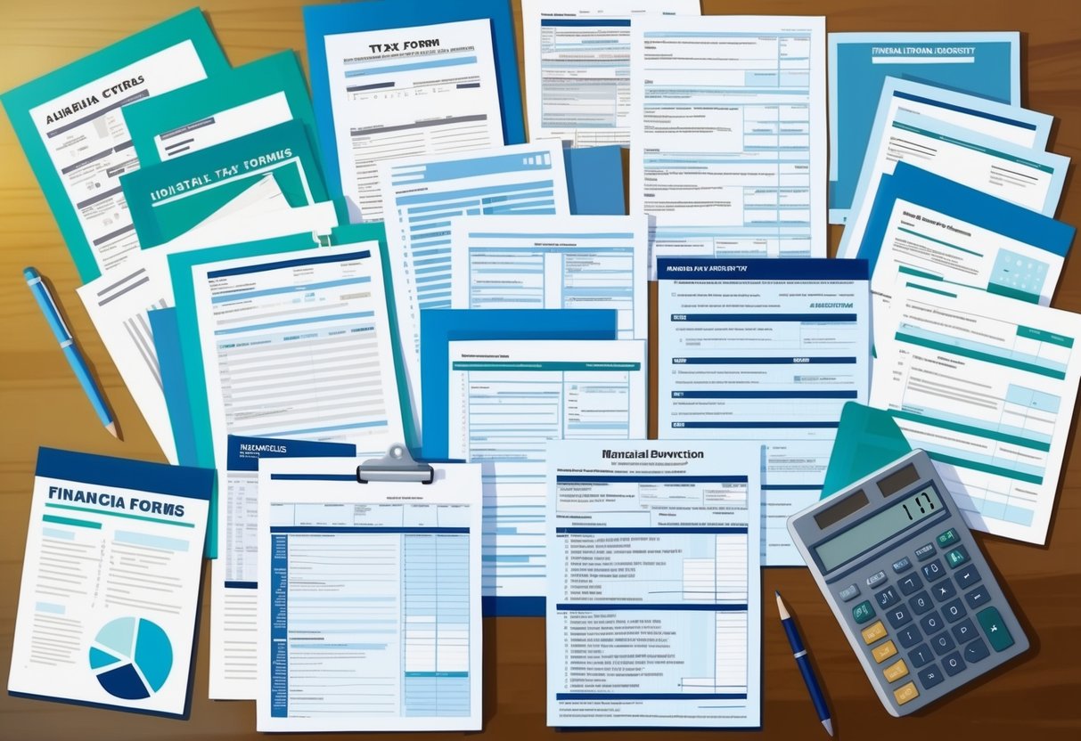 A diverse array of financial documents and tax forms arranged neatly on a desk, with a calculator and pen nearby