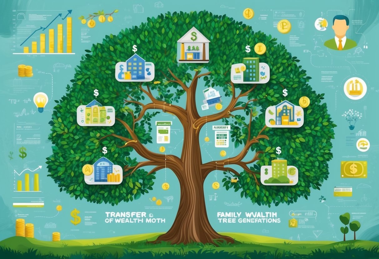 A family tree with multiple branches, showing the transfer of wealth between generations. Various tax-related symbols and financial elements are scattered throughout the illustration