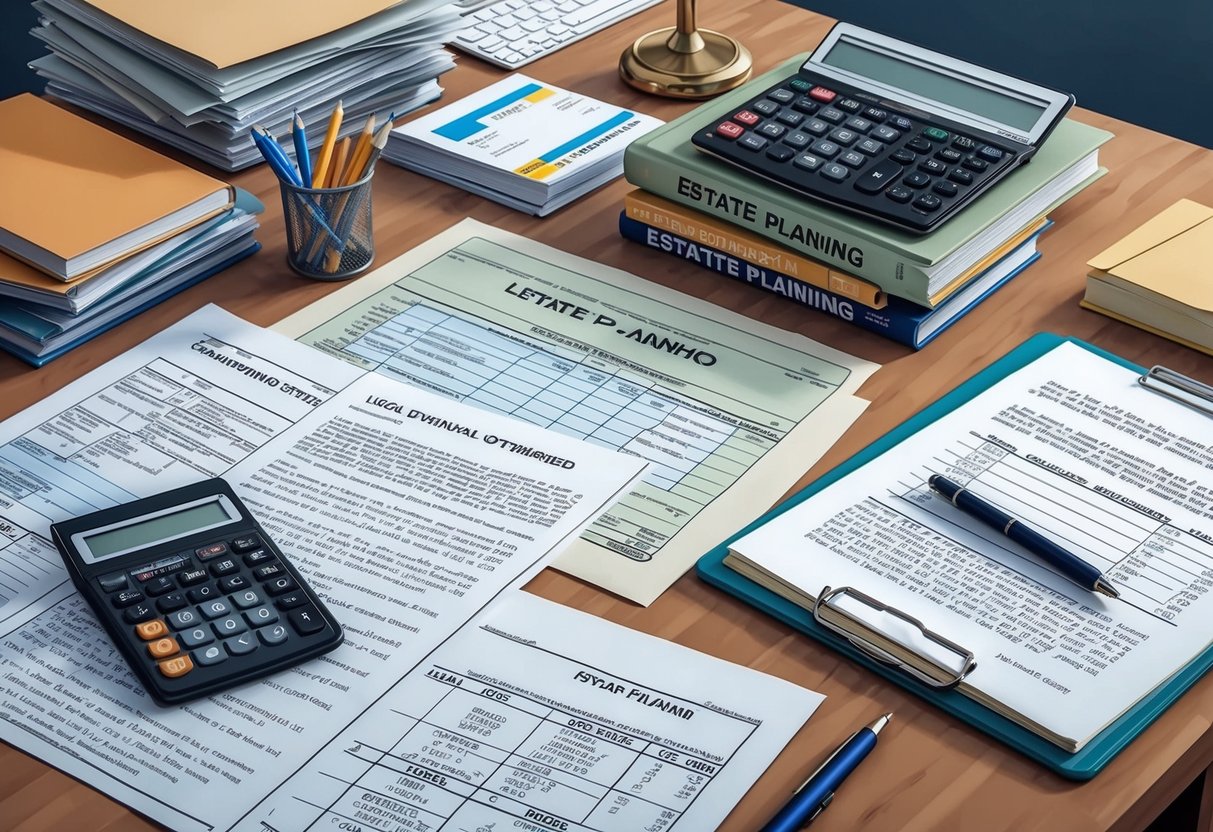 A cluttered desk with legal documents, financial statements, and calculators spread out. A stack of books on estate planning sits nearby. A pen and notepad are ready for note-taking