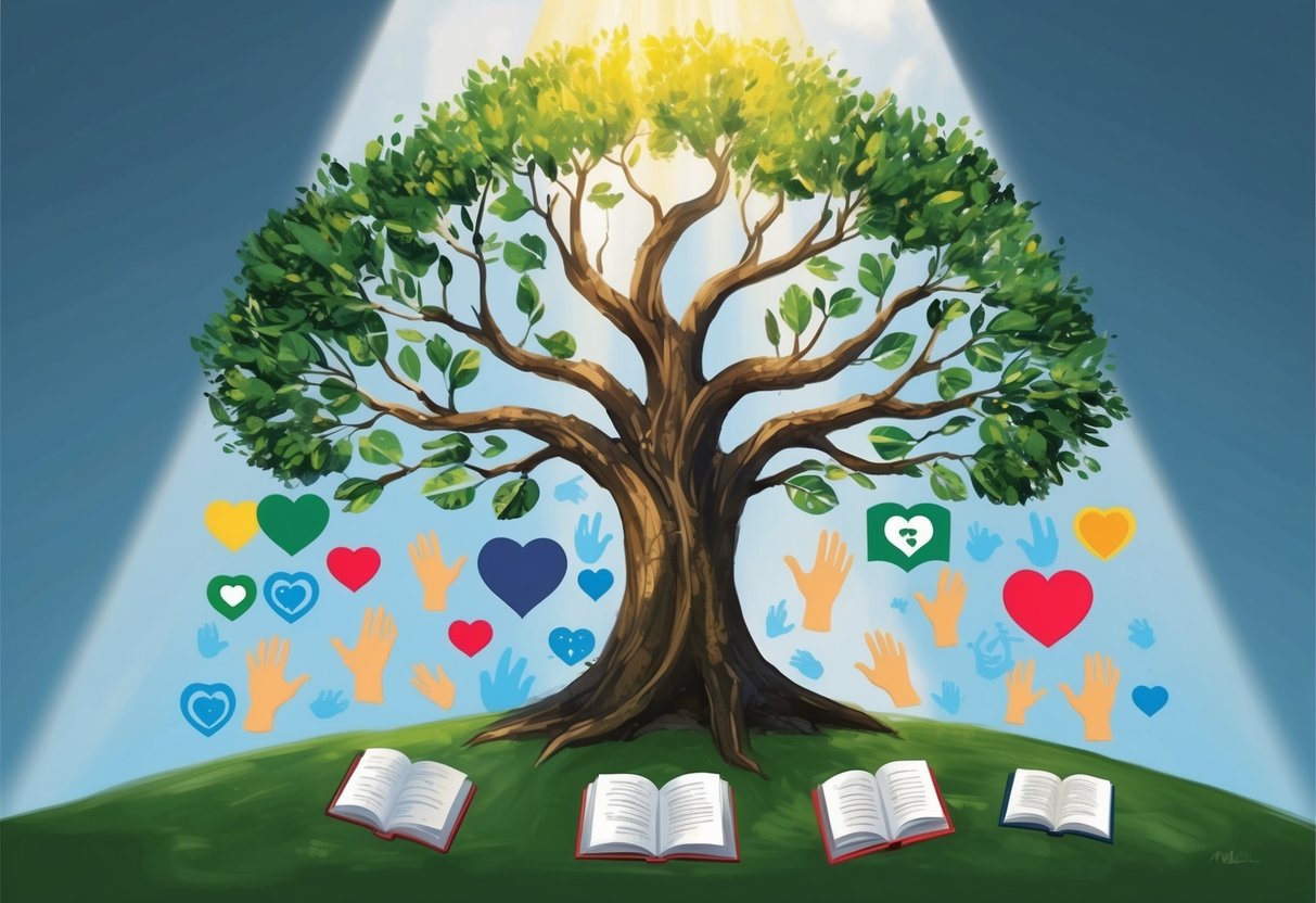 A large tree with branches reaching out, surrounded by various charitable symbols such as hearts, hands, and open books. A beam of light shines down on the tree
