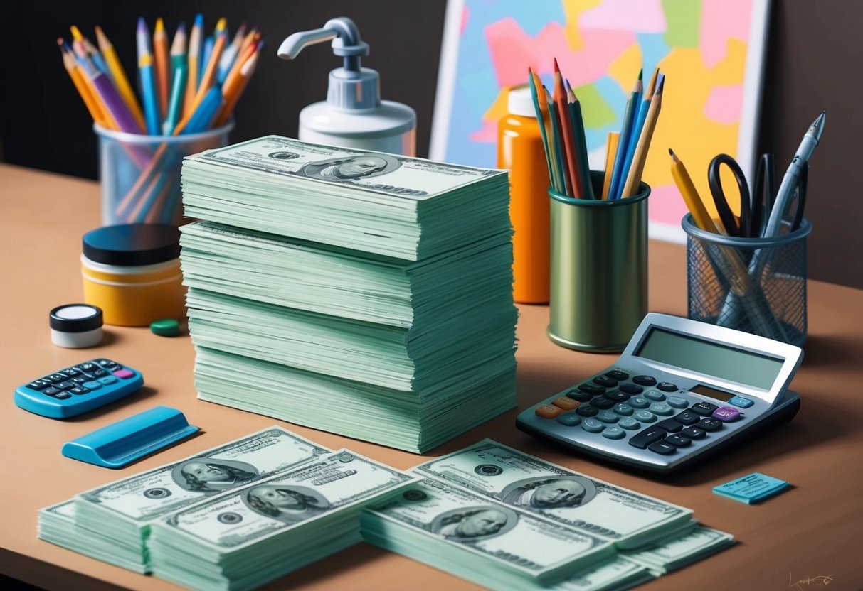 A stack of royalty checks surrounded by art supplies and a calculator on a desk