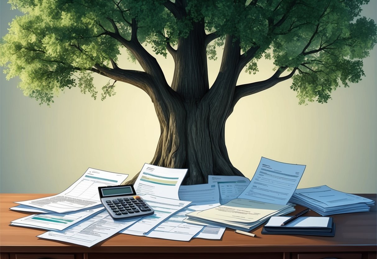 A large oak tree surrounded by a variety of financial documents and legal papers, with a calculator and pen resting on a wooden desk nearby