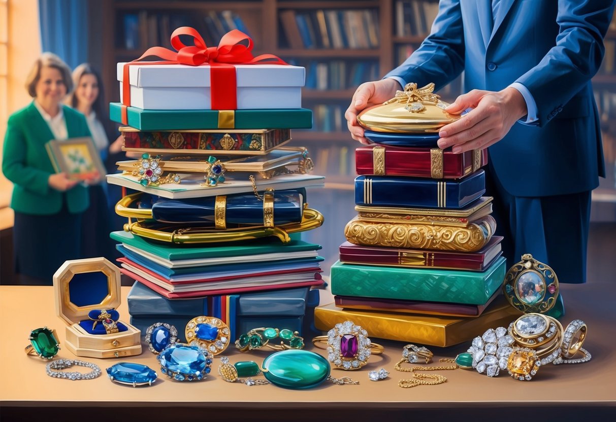 A stack of various valuable items, such as artwork, jewelry, and collectibles, being presented as gifts to a charitable organization