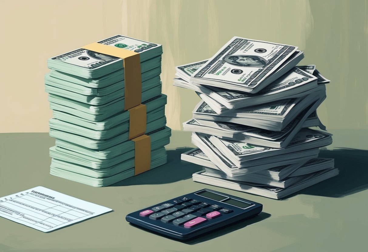 A stack of cash and a pile of creative work (books, music, art) with a tax form and calculator nearby