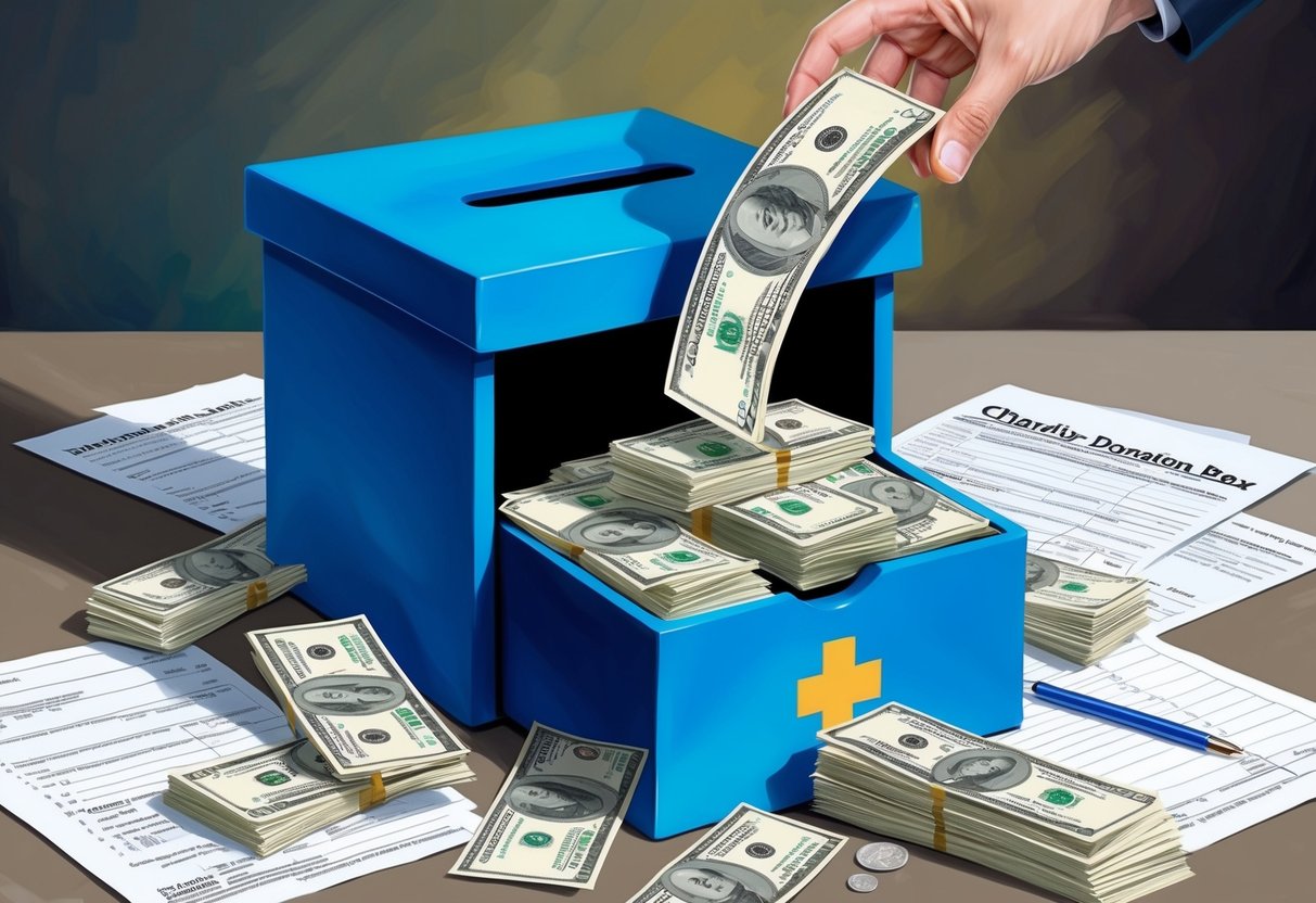 A pile of money being deposited into a charity donation box, surrounded by tax forms and documents