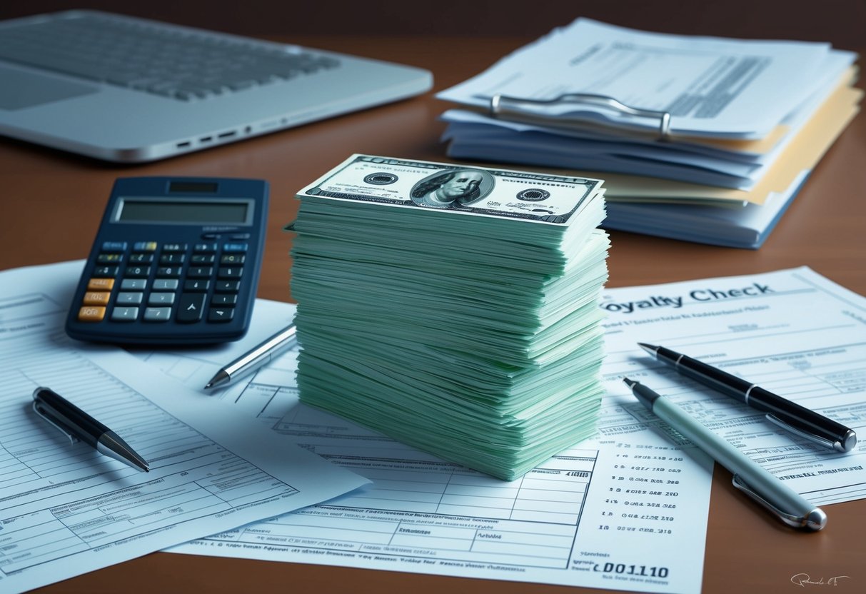 A stack of royalty checks and a calculator on a desk, surrounded by tax forms and financial documents