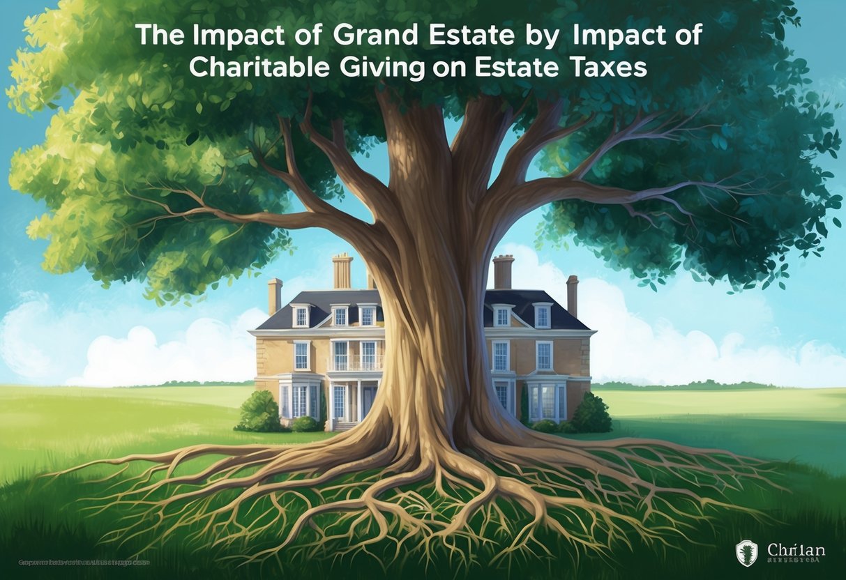 A large tree with roots entwined around a grand estate, symbolizing the impact of charitable giving on estate taxes