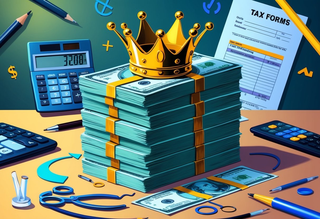 A stack of money with a crown on top, surrounded by various creative tools and symbols, with a calculator and tax forms in the background