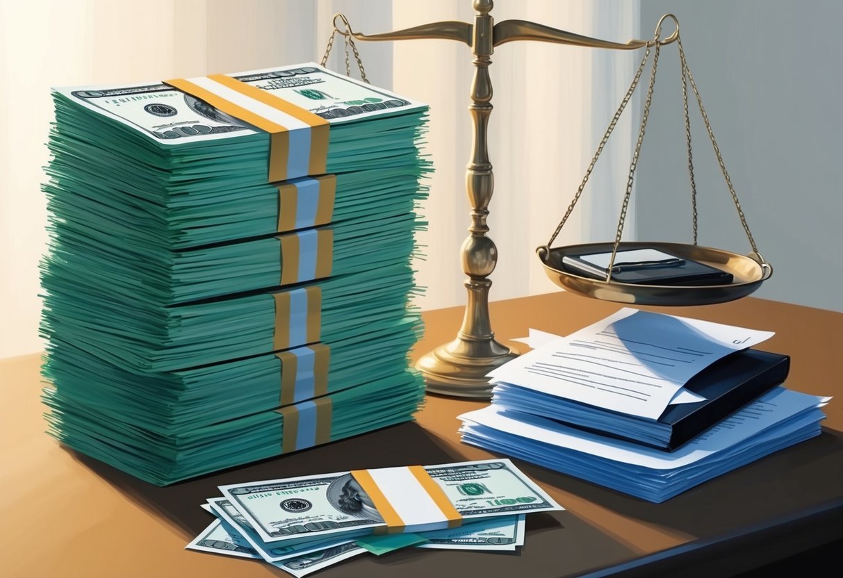A stack of cash and a pile of paperwork on a desk, with a scale symbolizing the balance between royalty income and tax implications