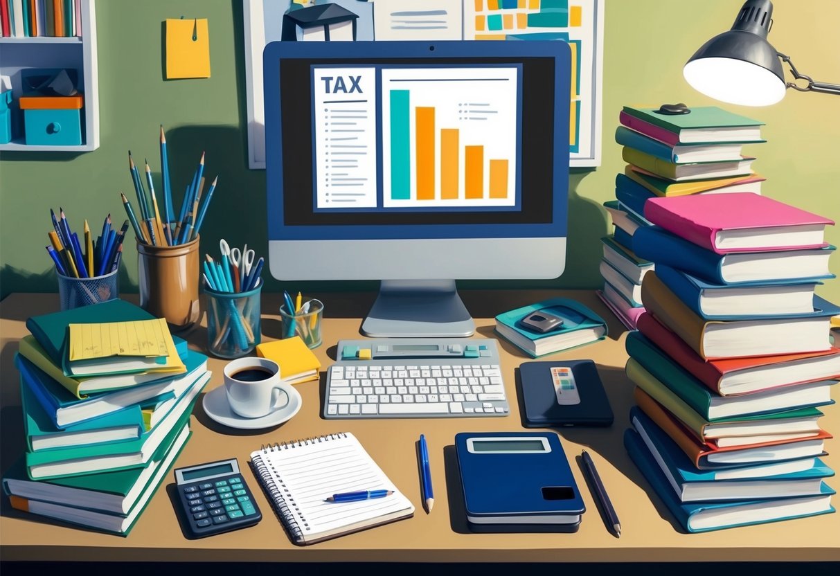 A desk cluttered with art supplies and a computer, surrounded by stacks of books on tax laws and royalty income. A calculator and notepad sit next to a cup of coffee