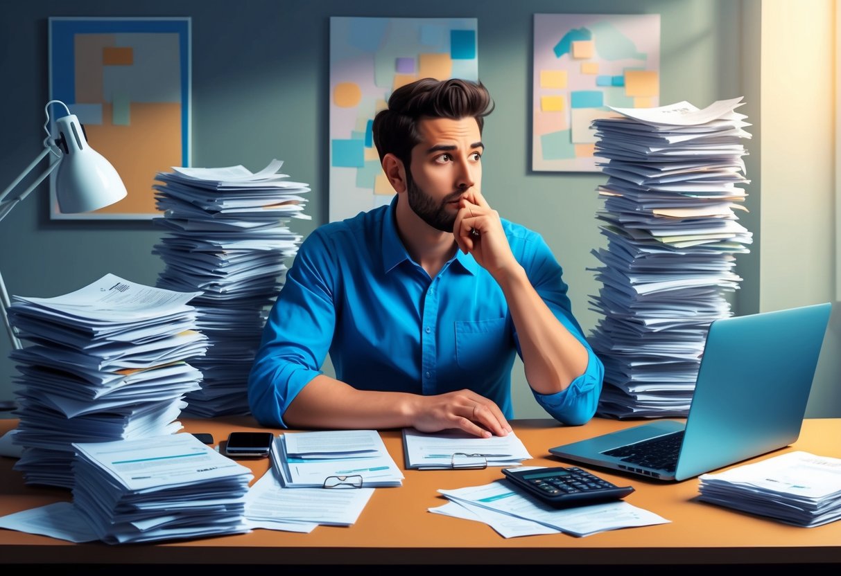 An artist sits at a desk surrounded by stacks of paperwork, a calculator, and a laptop. The artist is deep in thought, pondering the tax implications of their royalty income from creative work