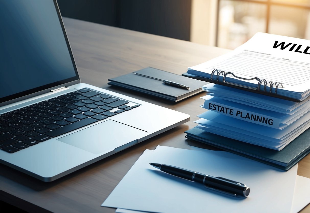 A laptop open on a desk, with a legal pad and pen nearby. A stack of papers labeled "Will" and "Estate Planning" sits next to it