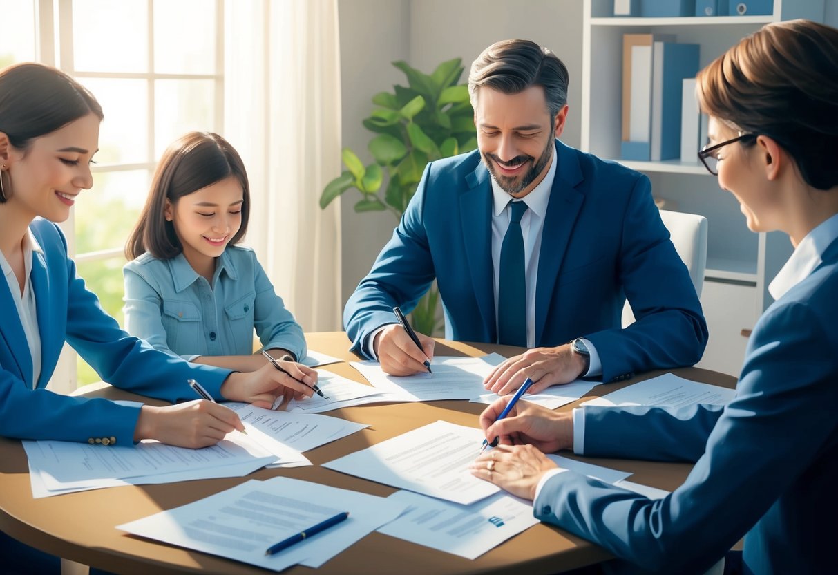 A family sitting around a table, signing legal documents with a lawyer. Papers and pens are scattered on the table, and a sense of relief and security is evident on their faces