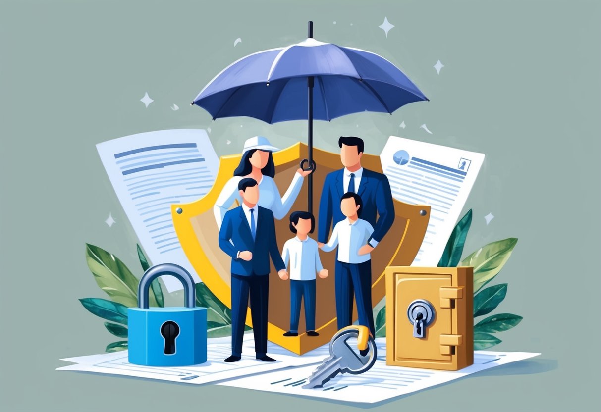 A family surrounded by a shield, umbrella, safe, lock, key, and document, symbolizing protection and security through estate planning